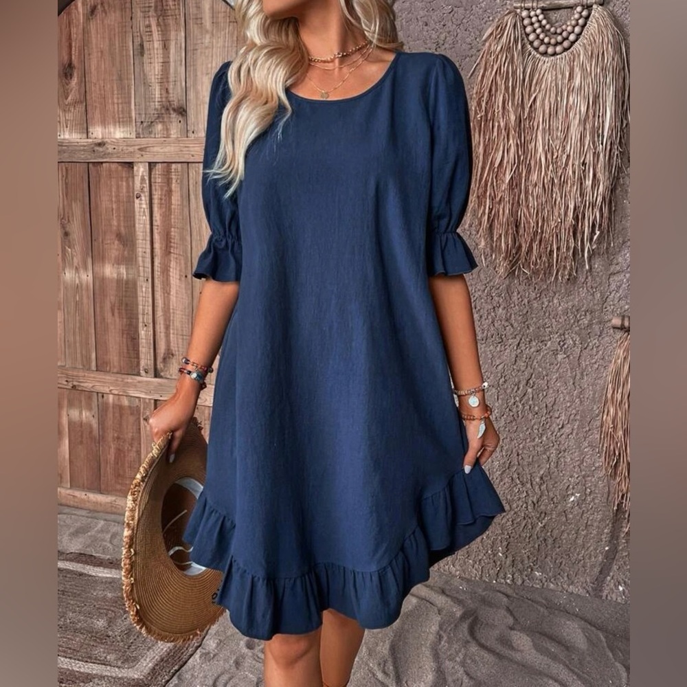 Solid Ruffle Flounce Sleeve Dress